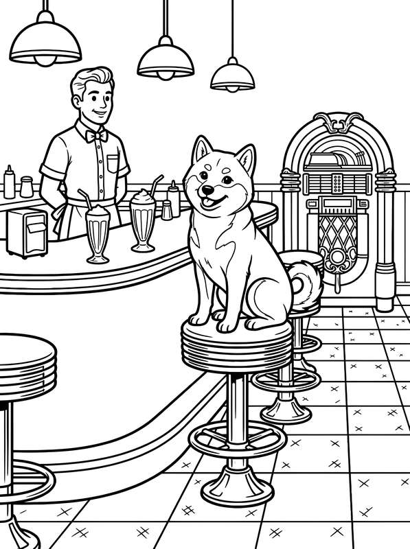 Line art of a Shiba Inu dog sitting on a diner stool in front of a counter, a server, milkshakes, and a vintage jukebox.