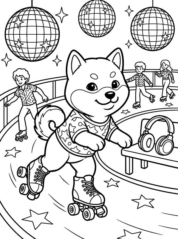 Line art of a puppy wearing a star-patterned shirt and roller skates in a rink with three children and three disco balls.