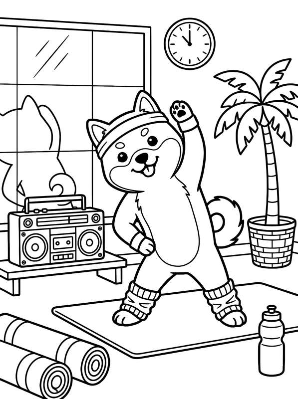 Line art of a shiba inu puppy wearing a headband, wristbands, and leg warmers exercising on a mat next to a boombox.