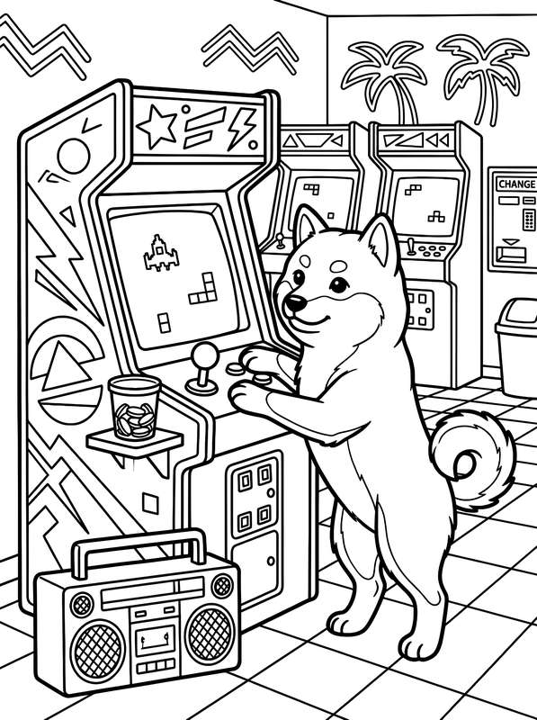 Line art of a Shiba Inu standing on its hind legs to play a vintage arcade game with a boombox on the floor nearby.
