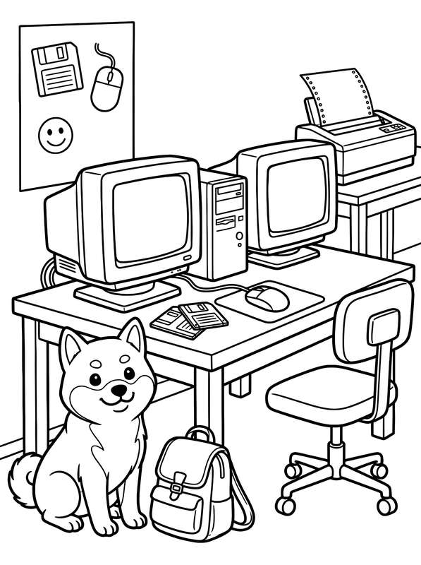 Line art of a puppy sitting near a 1990s computer desk with vintage monitors, floppy disks, a printer, and a backpack.