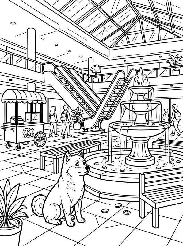 Line art of a Shiba Inu sitting in front of a mall fountain, with a pretzel cart, stairs, and people in the background.