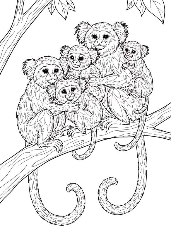 Marmoset Family Huddle on a Branch