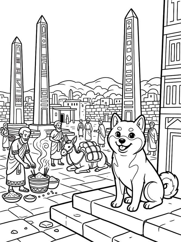 Line art of a happy puppy sitting in a plaza with ancient obelisks, a donkey, and people in traditional robes in the back.