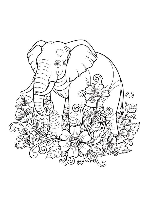 Elephant and Blooming Flowers