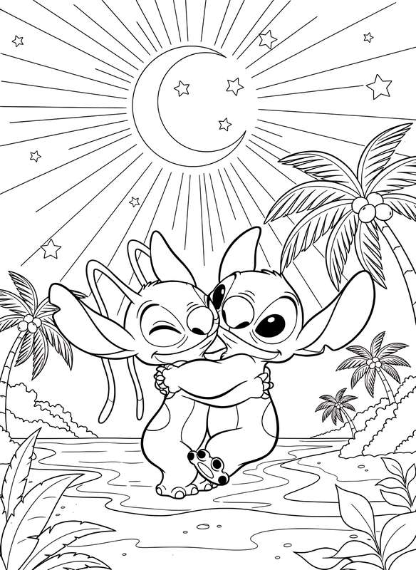 Moonlit Hug Between Stitch & Angel