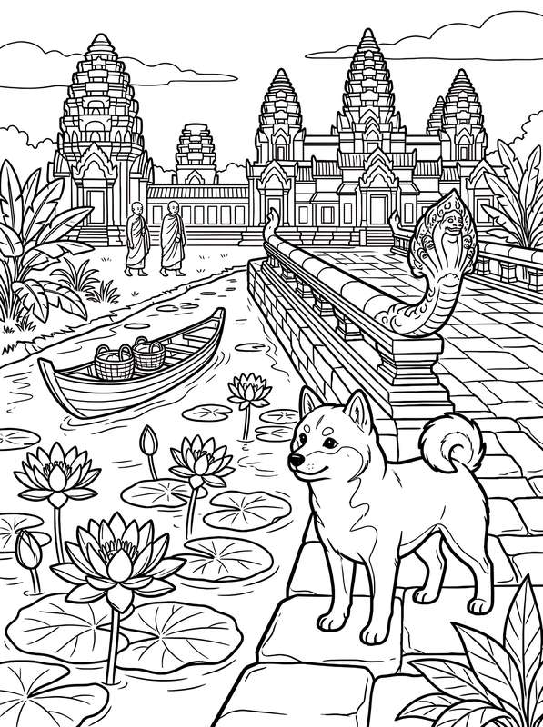 Line art of a Shiba Inu standing by a canal with lotus flowers, featuring an ancient temple and two monks in the back.