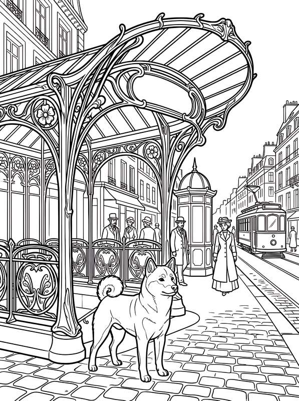 Black and white line art of a Shiba Inu front and center near an ornate glass and iron metro entrance, with people and a tram.