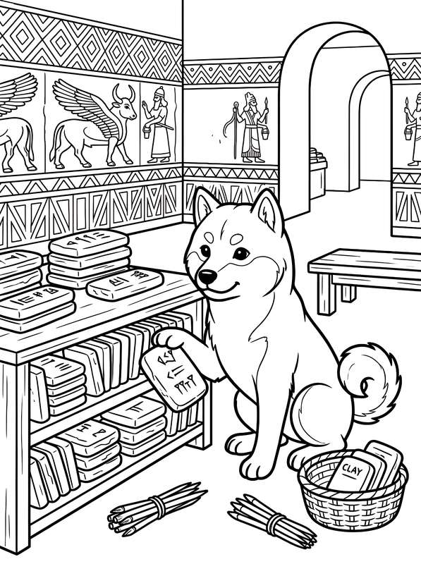 Line art of a puppy holding a clay tablet in a library filled with shelves of tablets, with ancient murals on the walls.