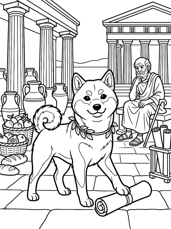 Line art of a Shiba Inu with a laurel wreath neckband standing near an ancient Greek philosopher in a temple courtyard.