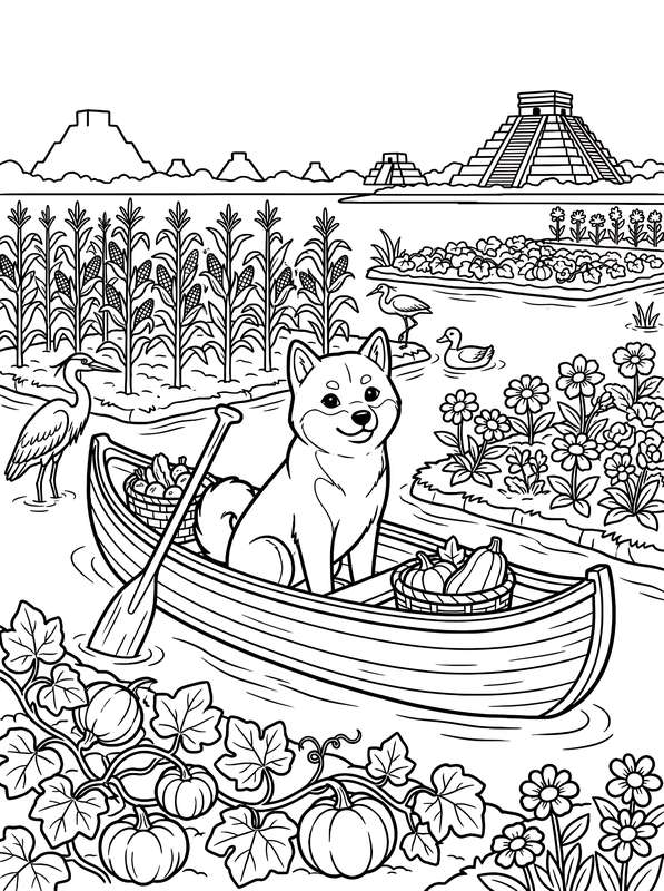 Line art of a Shiba Inu in a canoe surrounded by corn, flowers, pumpkins, and water birds with ancient pyramids in the back.