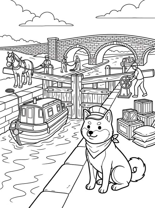 Line art of a Shiba Inu in a hat by a canal with a boat, people, and a stone bridge in the background.