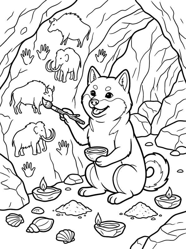 Line art of a Shiba Inu holding a paintbrush to create drawings of mammals on a cave wall, with candles on the ground.