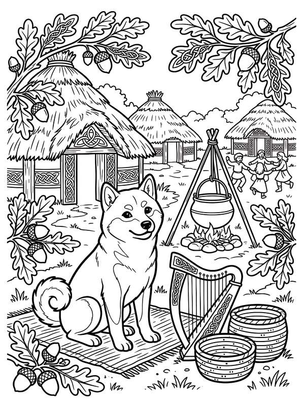 Line art of a Shiba Inu sitting on a rug with a harp and woven baskets, in front of a village with huts and a campfire.