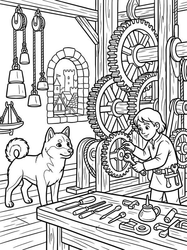Line art of a young mechanic fixing a large gear next to a standing Shiba Inu inside a workshop with tools and hung weights.