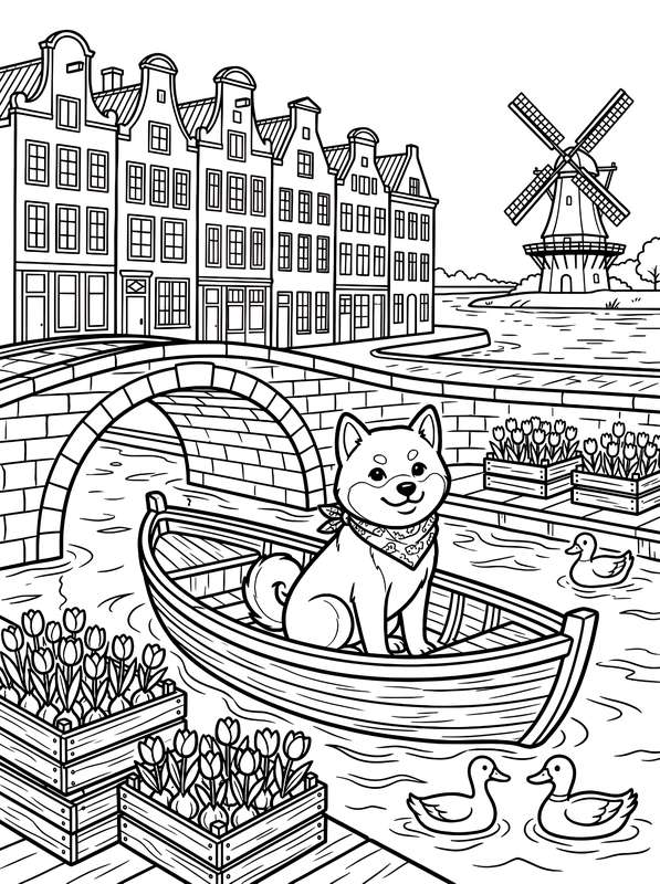 Line art of a Shiba Inu in a small boat on a canal, with Dutch-style houses, a windmill, wooden tulip crates, and ducks.