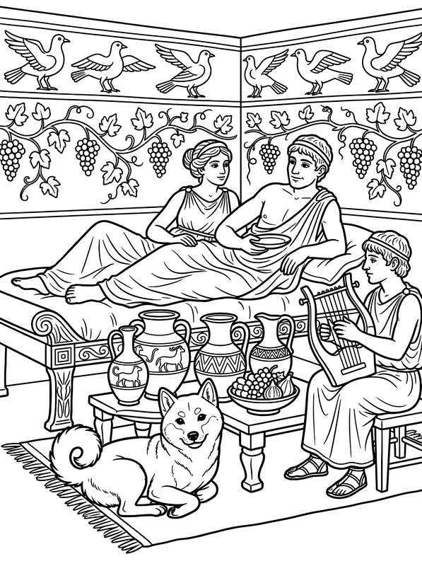 Black and white line art of a couple reclining on a couch, a person playing a lyre, and a dog sitting on a rug in a room.