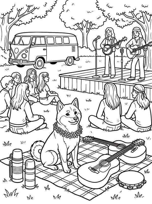 Line art of a festival with people sitting on the grass, a band playing on a stage, a van, and a Shiba Inu on a blanket.