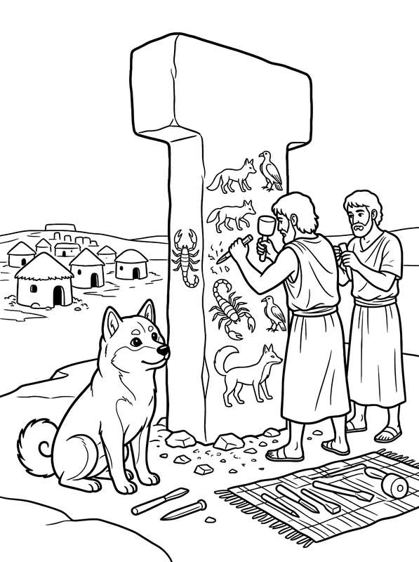 Line art of two ancient people carving fox and scorpion figures into a large T-shaped stone pillar, with a dog sitting nearby and small huts in the background.