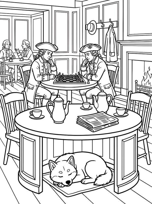 Line art showing two men in period clothing playing chess at a table, while a dog sleeps on the floor underneath it.