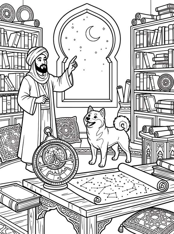 Line art of a man in robes pointing at a window with a moon, with a Shiba Inu dog and an astrolabe on a table.