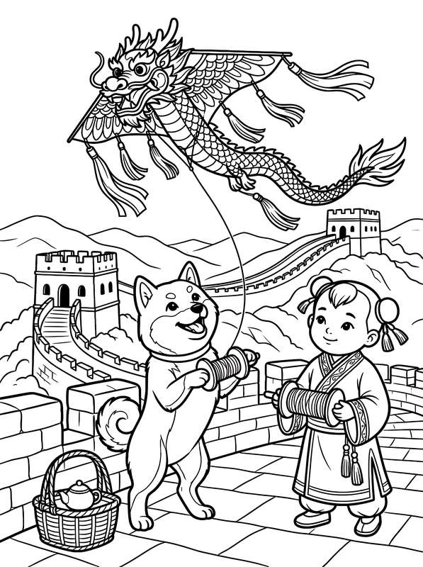 Line art of a Shiba Inu and a child holding kite spools, with a dragon kite in the sky above the Great Wall of China.