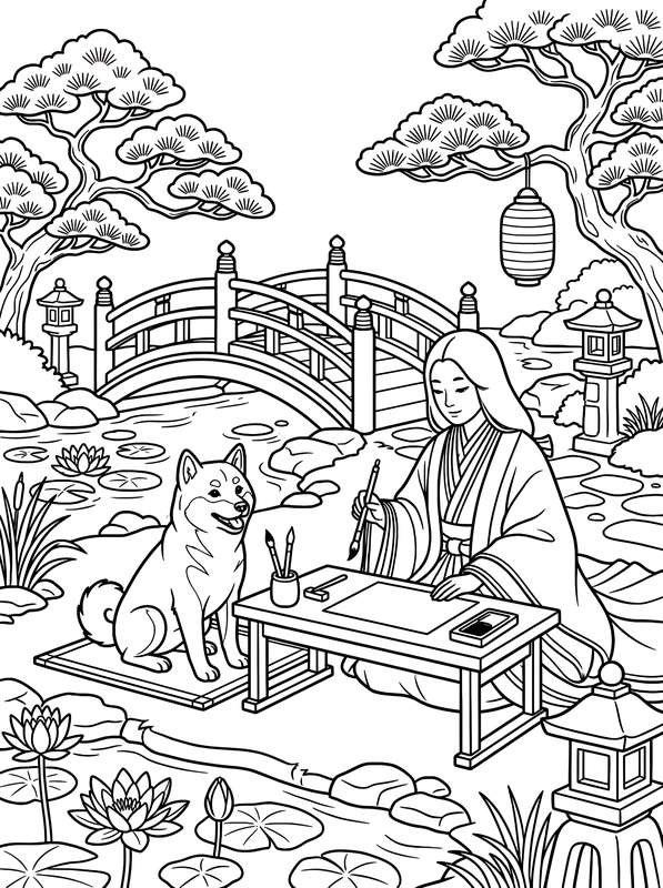 Line art of a woman in a kimono painting at a desk with a Shiba Inu dog alongside a pond with lily pads and a bridge.