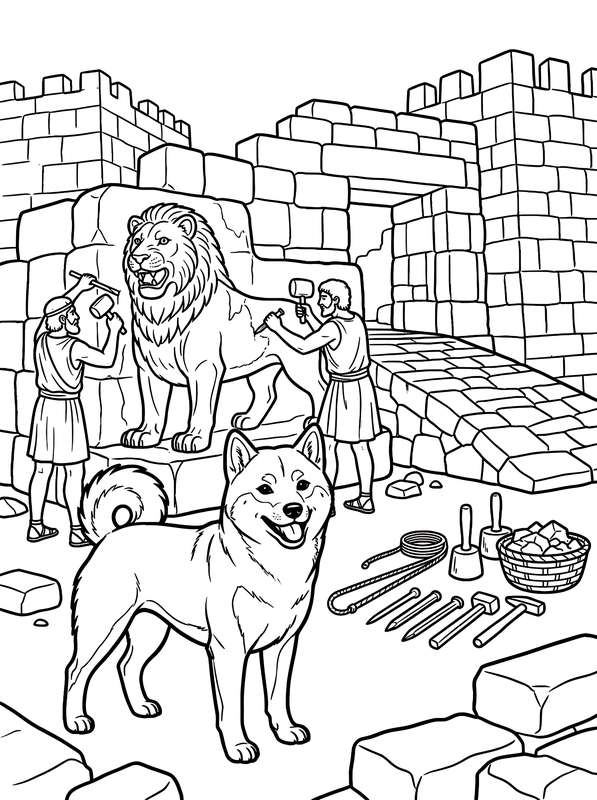 Line art of a Shiba Inu in the foreground with two ancient carvers working on a stone lion statue behind it, by a gate.