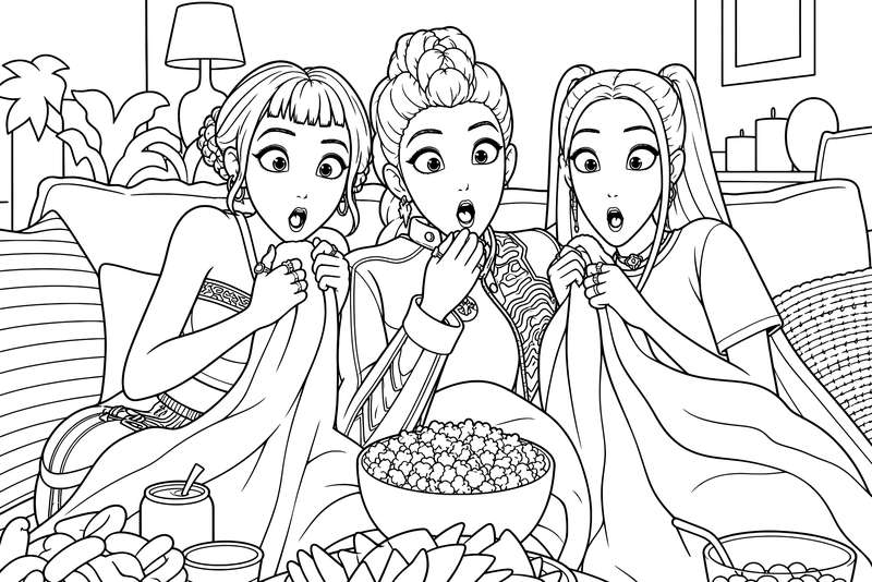 Line art of three young women sitting together on a sofa, looking shocked while holding blankets and eating popcorn.