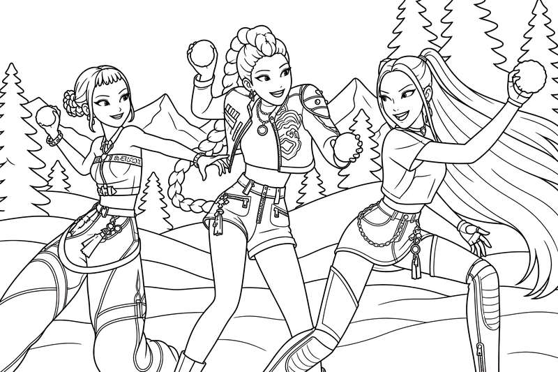 Line art of three young women in K-pop style outfits having a snowball fight in a mountain landscape with pine trees.