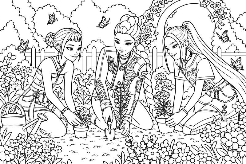 Line art of three K-pop-style female characters in a garden, kneeling and planting flowers with a trowel and pots.
