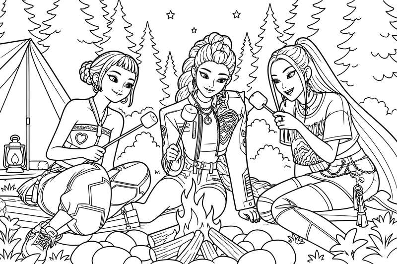 Line art of three girls named Zoey, Rumi, and Mira roasting marshmallows over a campfire in a forest with a tent nearby.