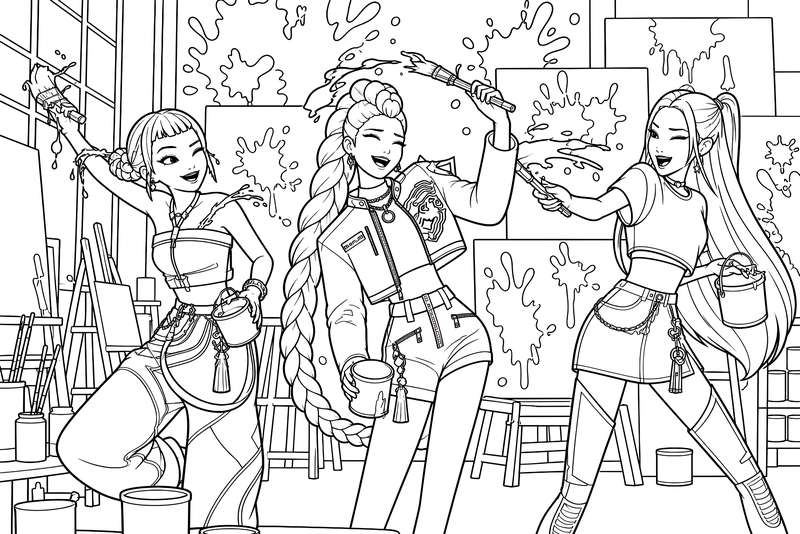 Line art of three stylish young women having a paint fight in an art studio surrounded by canvases and paint cans.