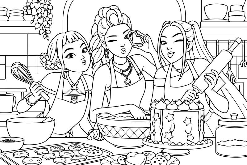 Line art of three young women in a kitchen wearing aprons, holding a whisk, a cookie cutter, and a rolling pin by a cake.
