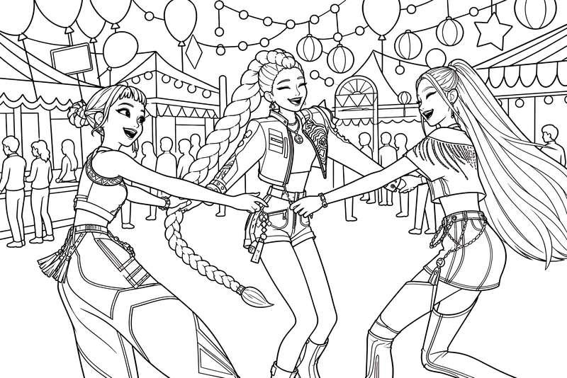 Line art of three young women dancing at a fair with balloons and banners in the background.