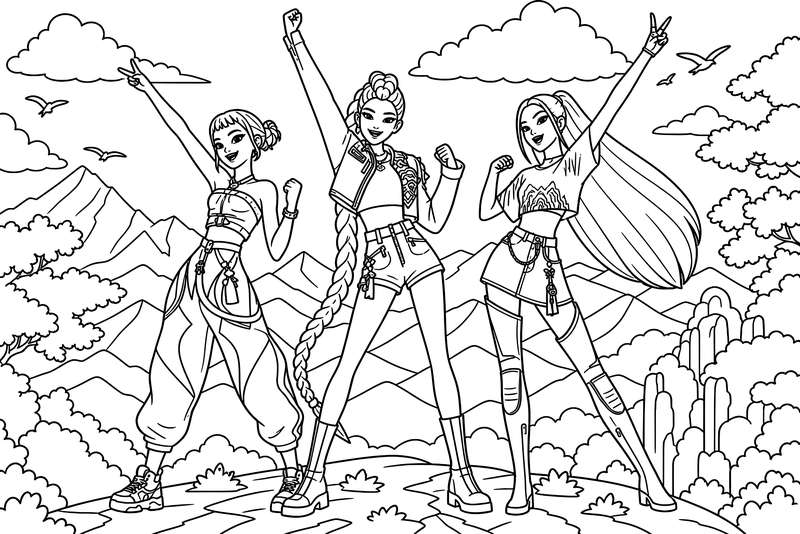 Line art of three stylish young women posing outdoors with mountains, clouds, and trees in the background.