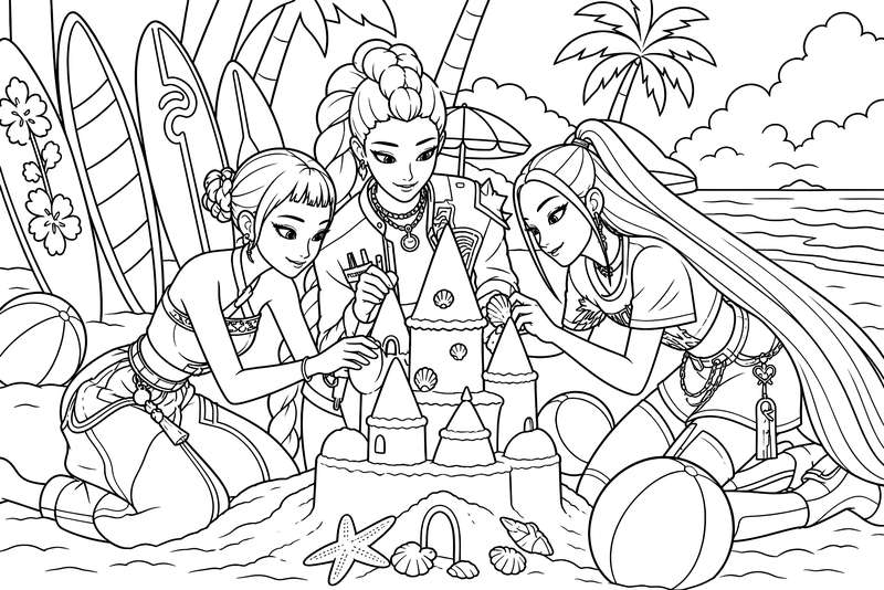 Line art of three girls named Zoey, Rumi, and Mira kneeling on a beach and building a sandcastle with surfboards behind them.