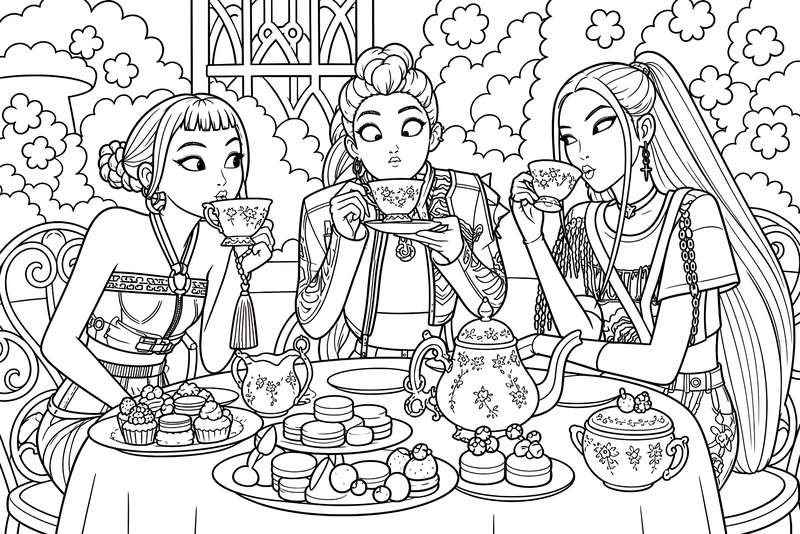 Line art of three K-pop-style women named Zoey, Rumi, and Mira sitting at a round table, drinking tea, and eating treats.