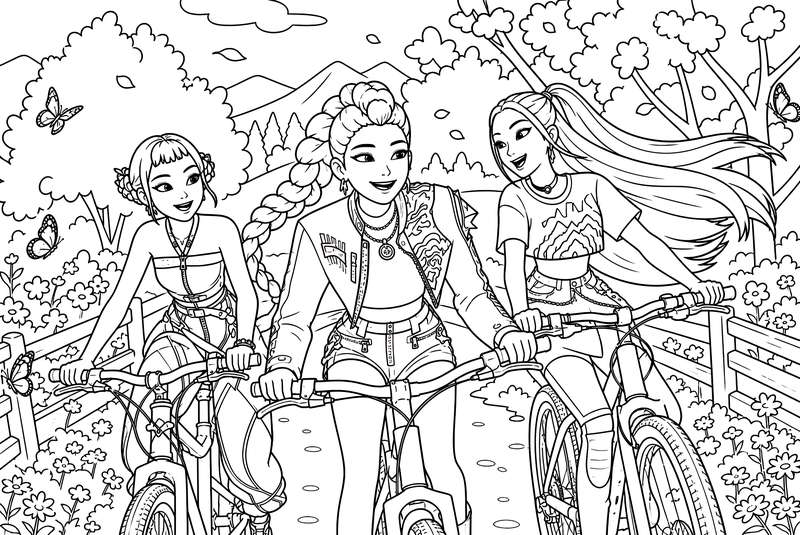 Line art of three young women named Zoey, Rumi, and Mira riding bicycles along a flowery nature path with butterflies.