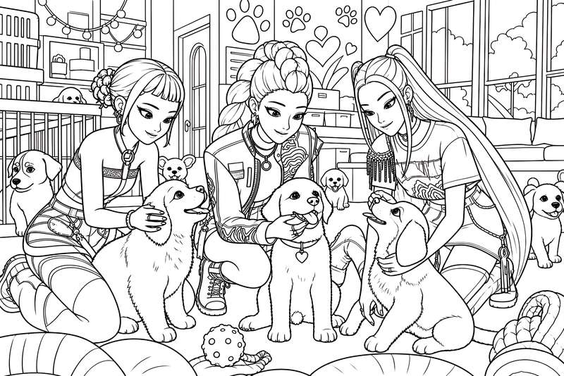 Line art of three young women with stylish hair sitting on a floor petting and playing with five adorable puppies.