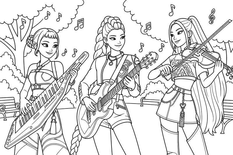 Line art of three young women as a band: one playing a keytar, one playing an electric guitar, and one playing a violin.