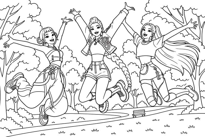 Line art of three young women in K-pop style outfits jumping in a park with trees in the background.