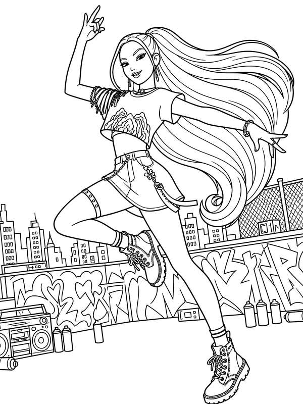 Line art of Mira from Huntrix dancing on a city rooftop with graffiti, a boombox, and long flowing hair.