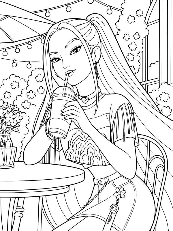 Line art of Mira from Huntrix with a high ponytail drinking from a plastic cup at a table under string lights.