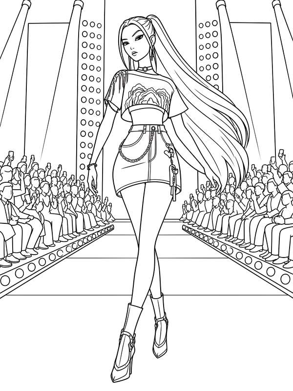 Line art of a young woman with long hair wearing a crop top and skirt walking down a stage with a crowd watching.
