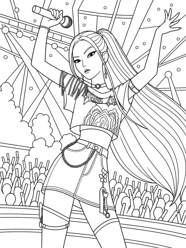 Line art of Mira from Huntrix performing on stage with long hair, a microphone, and stylish K-pop idol stage clothing.