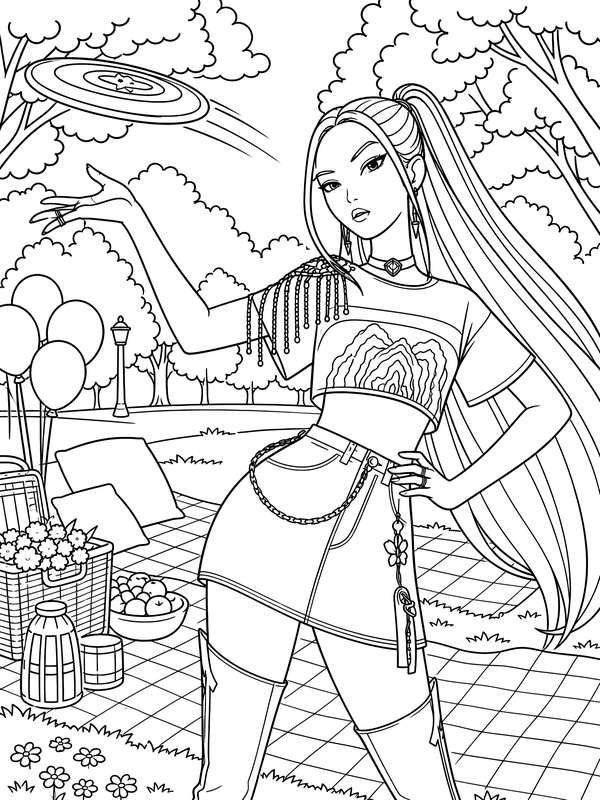 Line art of a young woman with long hair wearing a cropped top and skirt throwing a frisbee in a park with a picnic nearby.