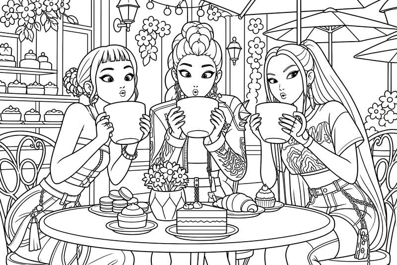 Line art of three young women sitting at a round cafe table, drinking from mugs with plates of pastries, cakes, and flowers.