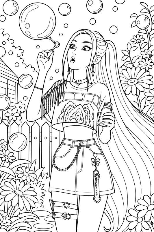 Line art of Mira with long hair blowing bubbles in a garden with flowers, wearing a crop top and a skirt with a chain.