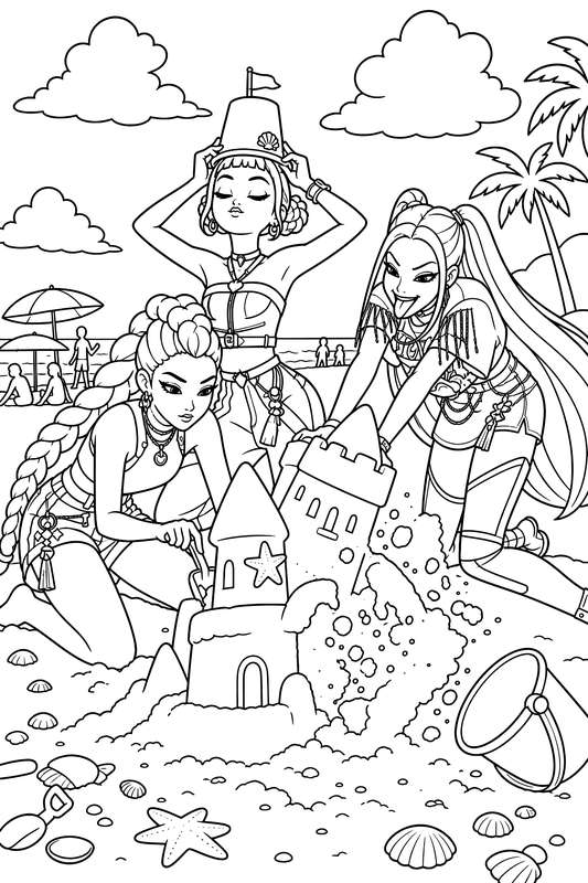 Line art of three K-pop demon hunter girls on a sandy beach building a sandcastle with a bucket and seashells.